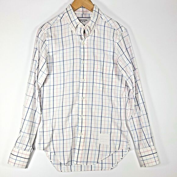 Thom Browne New York Mens Button Up Shirt Size 14 White Blue Pink Grid Check USA - Picture 1 of 14